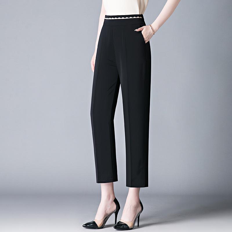 Women's Summer Elastic Waist Cropped Pants - Cool, Comfortable, Imitation Silk for Middle-Aged and Elderly