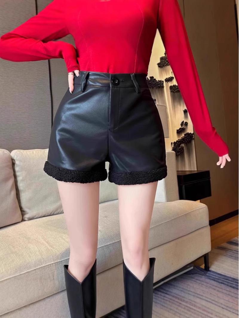

Women s High Waist Lambswool Patchwork Leather Pants for Autumn/Winter 2XL кавовий