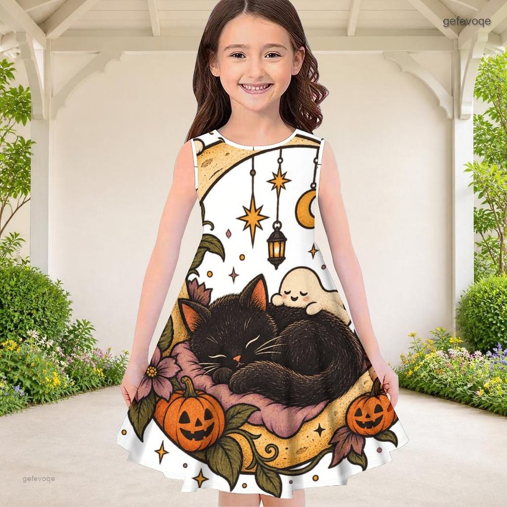 Girls Round Neck Sleeveless A Line Flared Dress Halloween Cartoon Black Cat Pumpkin Printed