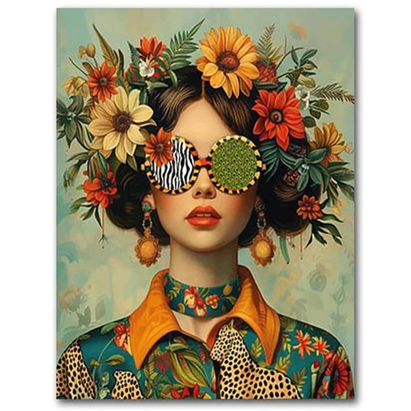 Mode Brille Frau mit Blumen Leinwandgemälde Blumen mit Mädchenporträt Poster und Drucke Nordisch Boho Wandbild Kunst 21cm×30cm NoFrame black