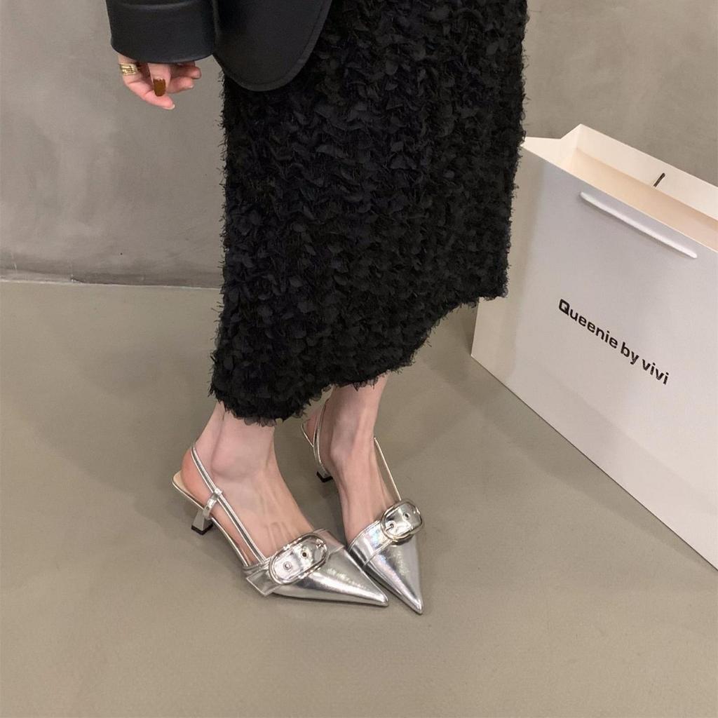 Niche French silver high heels bag head sandals fairy shoes 2025 new spring and summer temperament pointed single shoes
