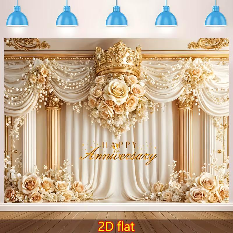 2D Elegant Gold Crown Anniversary Photo Booth Background