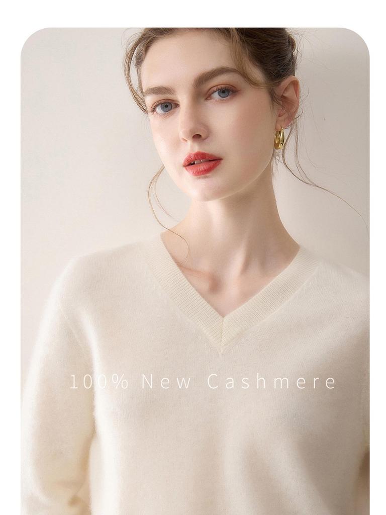 Minimalist Women's Pure Cashmere V-Neck Loose Knit Sweater - Early Autumn Pullover Top