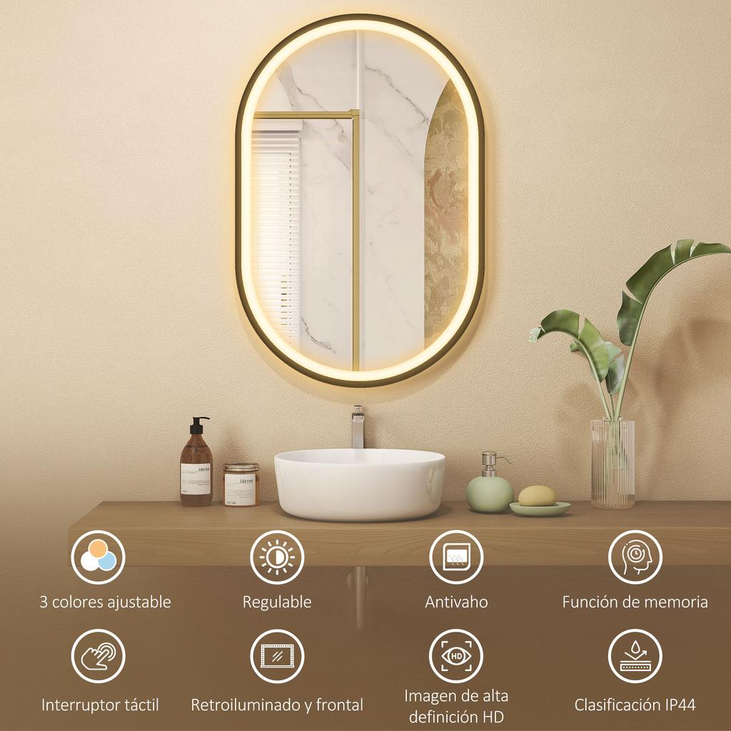 Bathroom Mirror With Light 60x90 Cm Oval Wall Mirror 3 Light Colors Dimmable Brightness Anti Fog Function Black