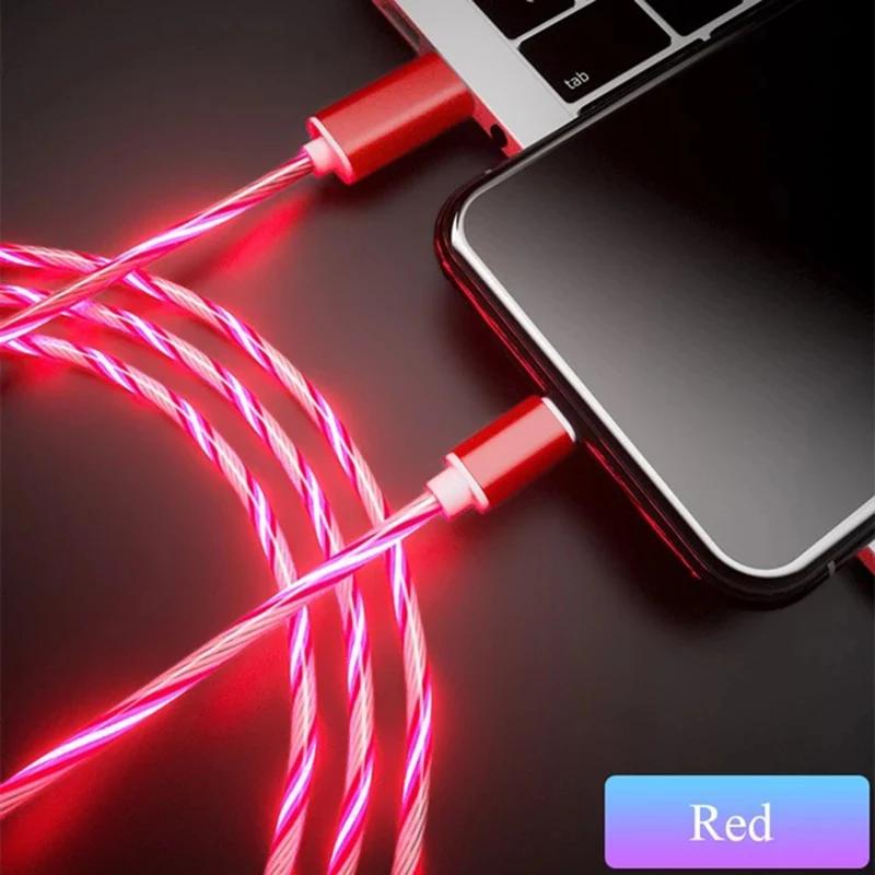 

3A Glowing Cable Micro USB Type C Cable Charging For Sony Xperia Huawei Xiaomi LED light Charger Flowing Streamer USB Cord 1m For Micro червоний