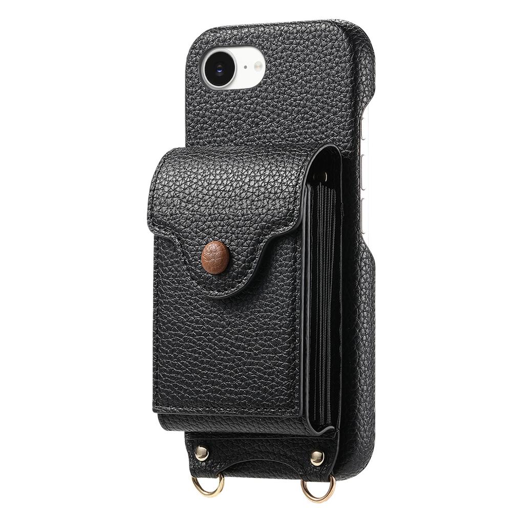 For iPhone 16e Case Mirror Card Holder Litchi Texture Leather Phone Back Cover with Long Strap