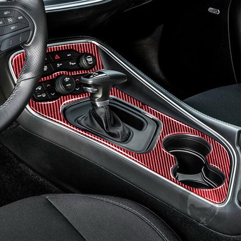 LHD Red Carbon Fiber Gear Shift Box Cover Water Cup Holder Panel Trim Frame Fit for Dodge Challenger 2015 2016 2017 2018-