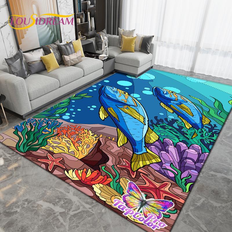 Ocean Underwater World Fish Dolphin Octopus Area Rug,Carpet Rug for Living Room Bedroom Sofa,Kitchen Bathroom Non-slip Floor Mat