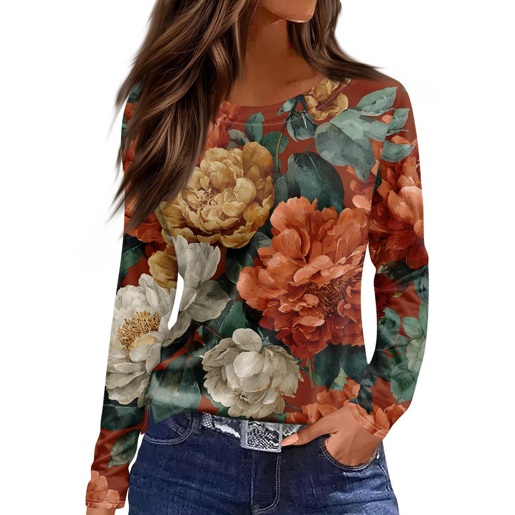 Women's Fashion Hem Slit Casual Retro Floral Print Round Neck Long Sleeve Top