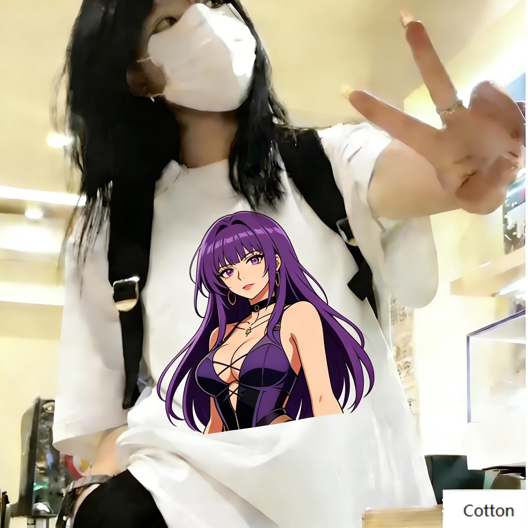 

Streetwear Unisex Cotton TShirt Featuring Edgy Purple Hair Anime Girl Design Retro Cool Style Top for Subculture Enthusiasts M