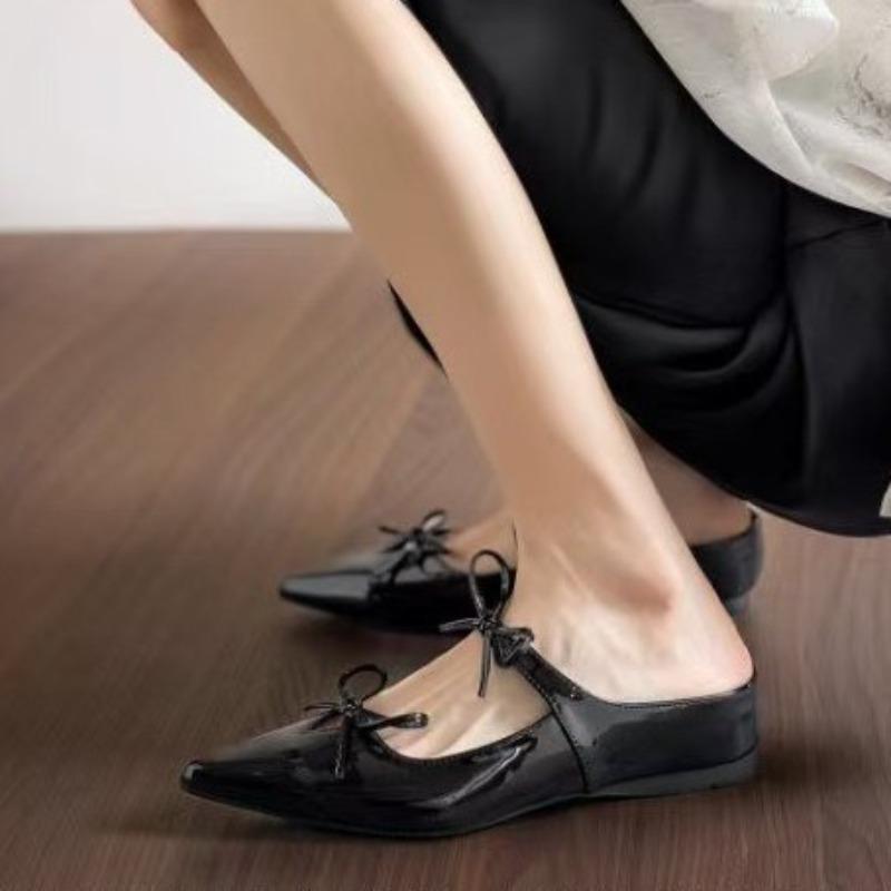 Autumn double bow half-drag inner height increase pointed patent leather half-drag fashion versatile Mary Jane single shoes