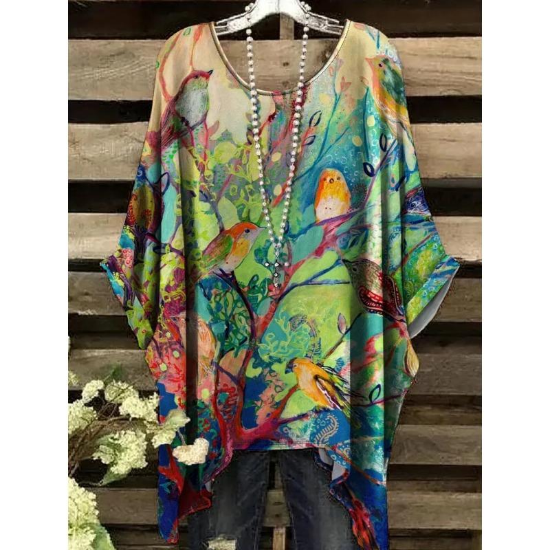 T-shirt Estiva da Donna Stampa Colibrì Pavone Girocollo Coda Comoda Manica Corta Oversize Orlo Irregolare Top
