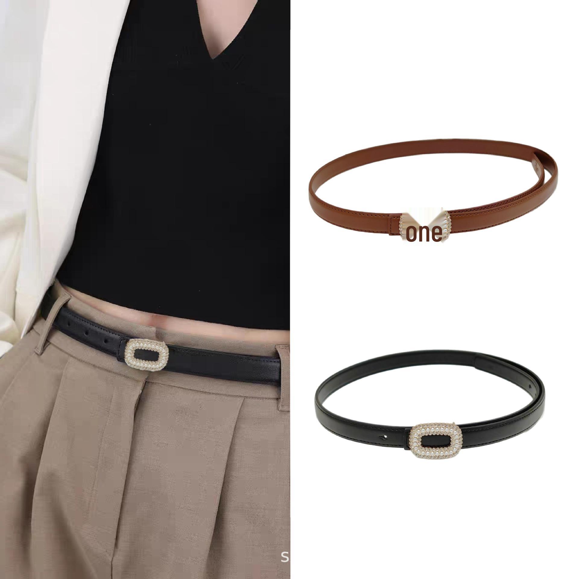 

Elegant Women s Pearl Style Genuine Leather Belt - Smooth, Versatile, Casual Cowhide Accessory 100cm чорний
