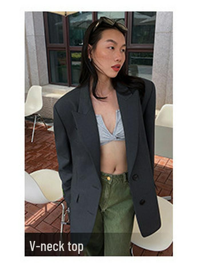 Rasaduffy Women's Retro Loose-Fit Grey Blazer - New Korean Style