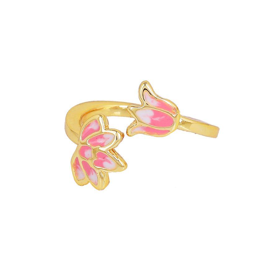 Estele Lotus Gold Plated Designer Adjustable Finger Ring With Pink Enamel For Girls Women