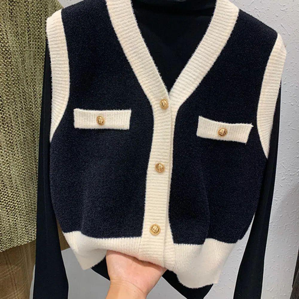 Women's Knitted Vest Spring Autumn Short V-neck Sleeveless Knitted Cardigan Vest Color-blocked Vest Top