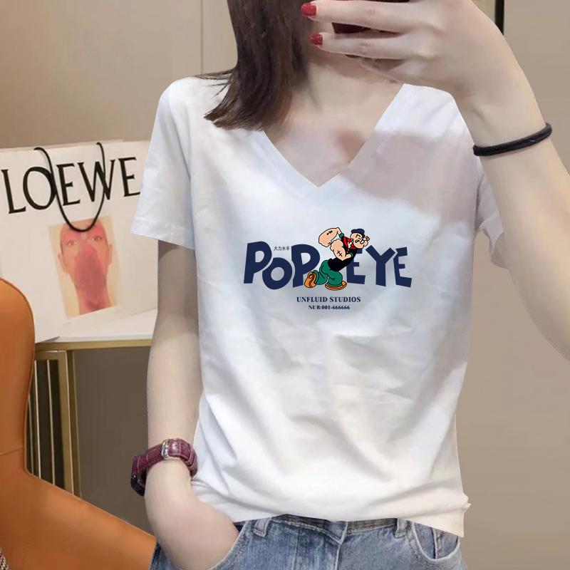 

Черная футболка с коротким рукавом женская 2025 лето новый зарубежный стиль повседневная свободная с принтом чистый хлопок V-образный вырез приталенная футболка топ S