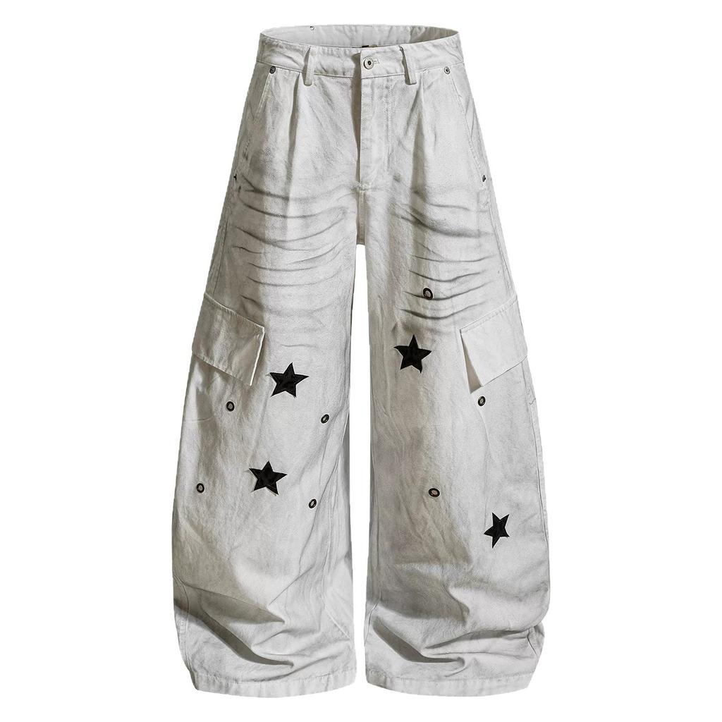 American street retro dirty dyed stars multi-pocket overalls men's and women's loose wide-leg casual straight jeans tide