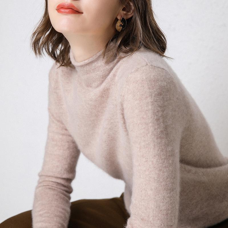 Women's Rolled Hem Half-High Neck 100% Wool Sweater - Stylish Autumn/Winter Base Layer