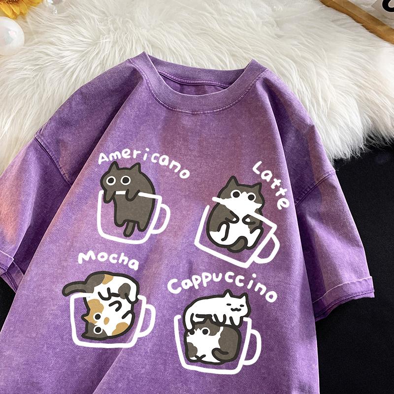 Cat Coffee Pure Cotton Trendy Summer Loose Short Sleeved T-shirt Men Women Mocha Latte Cat Vintage Water Washing Fun Cat Tees