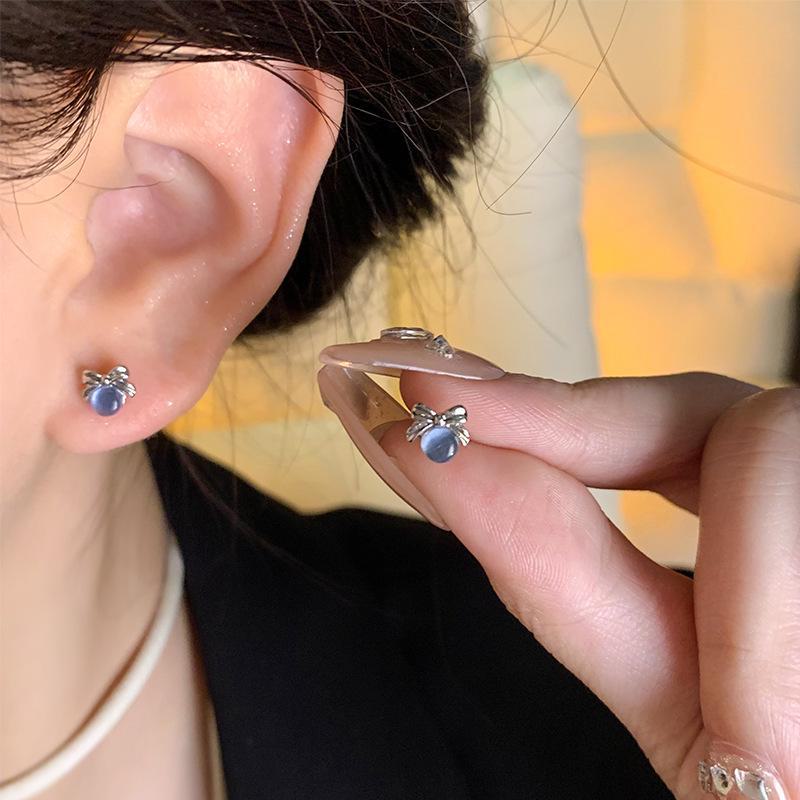 Blue Cat's Eye & Bow S925 Silver Needle Moon Star Earrings - Chic & Versatile Design for Women