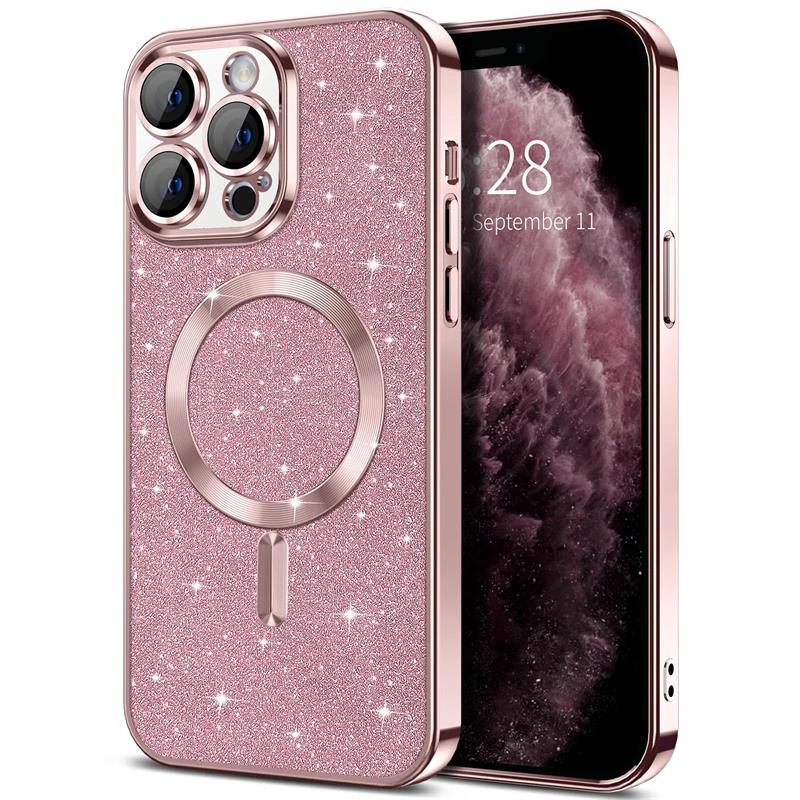 Obudowa Electroplate z osłoną obiektywu do iPhone'a 15 14 13 12 11 16 Pro Max Plus do ładowania bezprzewodowego Magsafe Bumper Glitter Cover