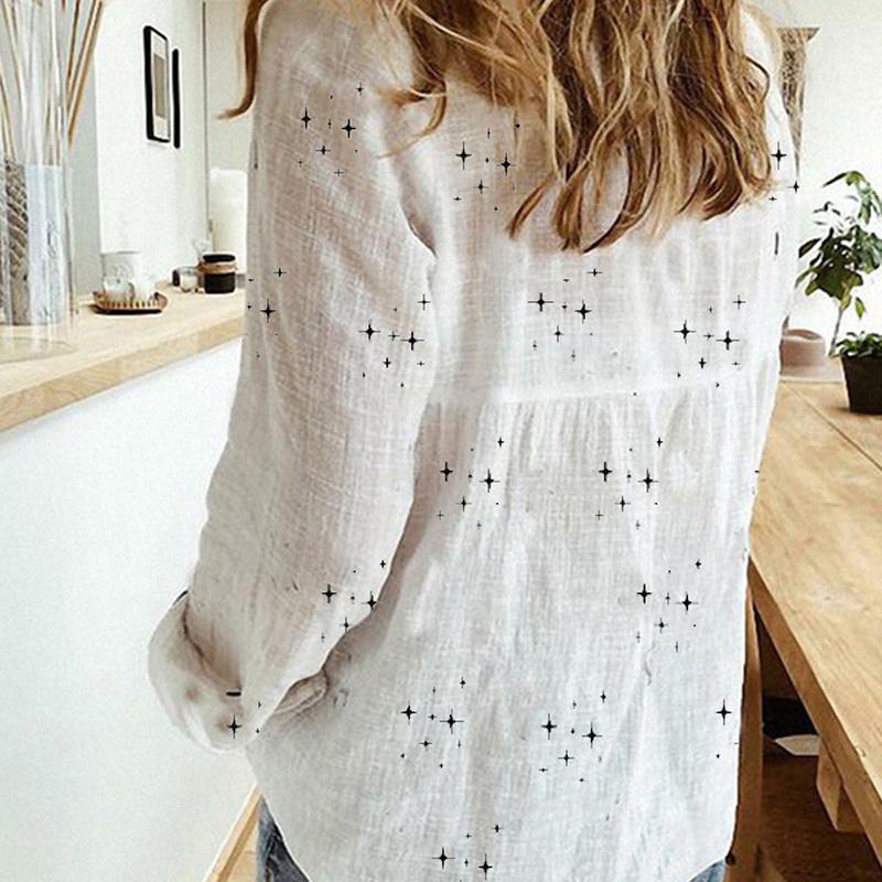 1pc Cotton Linen Casual Lapel Blouses Shirts Elegant Long Sleeve Plus Size Loose Tops Stars Printed Women Shirts Solid Button
