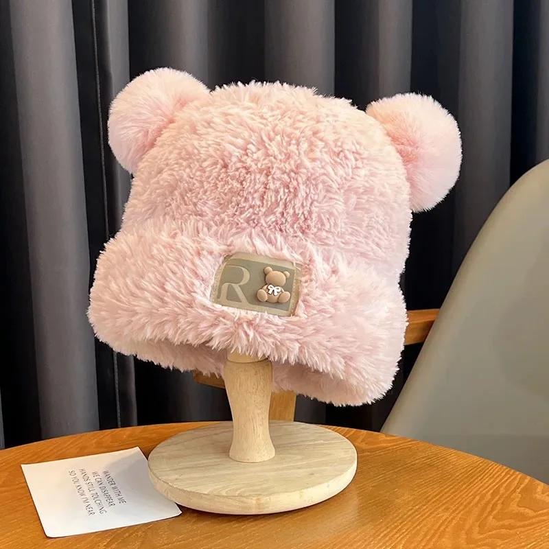 Niedliche Kleine Bär Wollmütze Winter Dick Plüsch Warme Pelzmütze Herbst und Winter Großer Kopfumfang Strickmütze