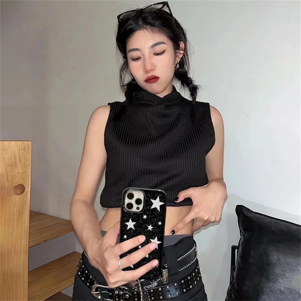 Cool Stars Gloss Black Stylish Ins Phone Case For iPhone 16 15 14 13 12 11 Pro Max XR XS Max 7 8 Plus Y2K Shockproof Soft Cover
