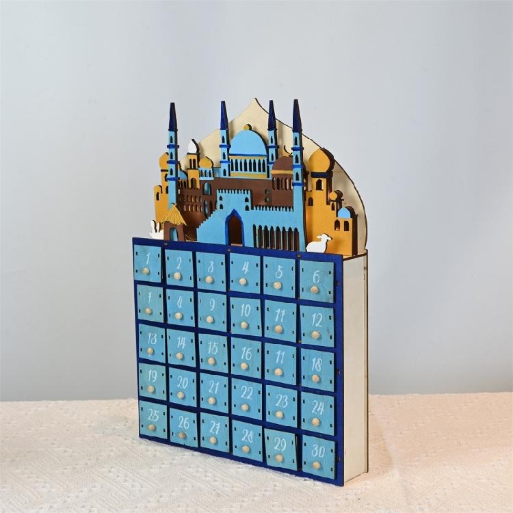 Ramadans Holz Countdown Kalender Schubladen Eid Mubarak Moschee Adventskalender Dekoration mit LED-Licht und 30 Schubladen