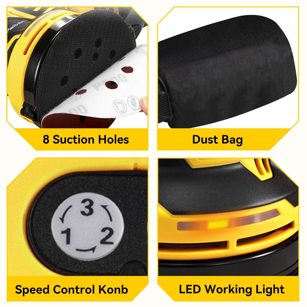 MELLWIN Cordless Electric Orbital Sander 3 Speeds Adjustable Woodworking Sanding Polishing Machine For Makita 18V Battery Pin