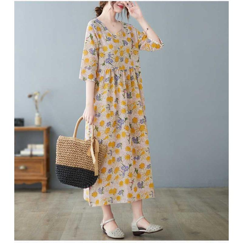 Lato Nowość Literacki Duży Rozmiar Luźny Cienki Okrągły Dekolt Rękaw Pięciominutowy Sukienki Damskie Odmładzające