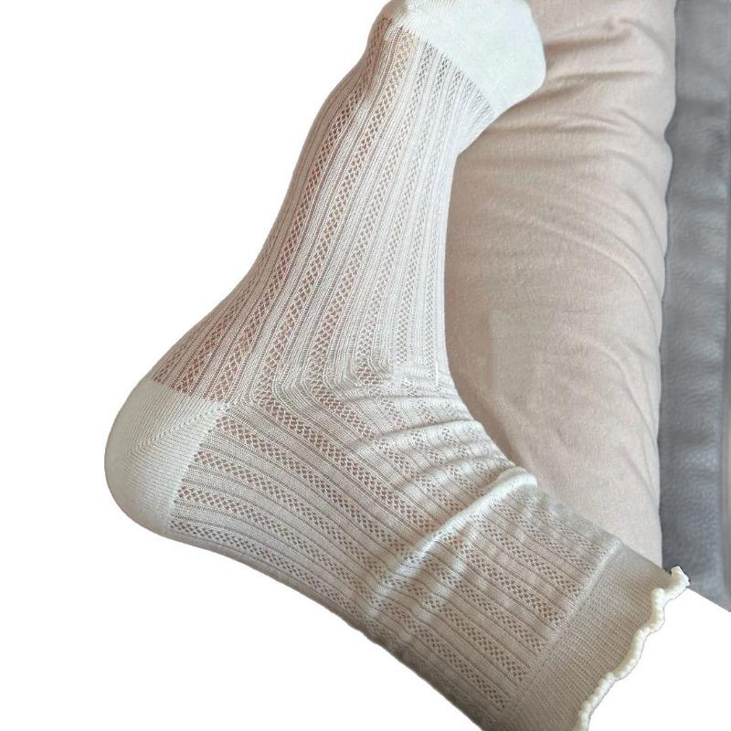 Women's Summer Thin Solid Color Wood Ear Lace Mesh Breathable Tube Stack Socks