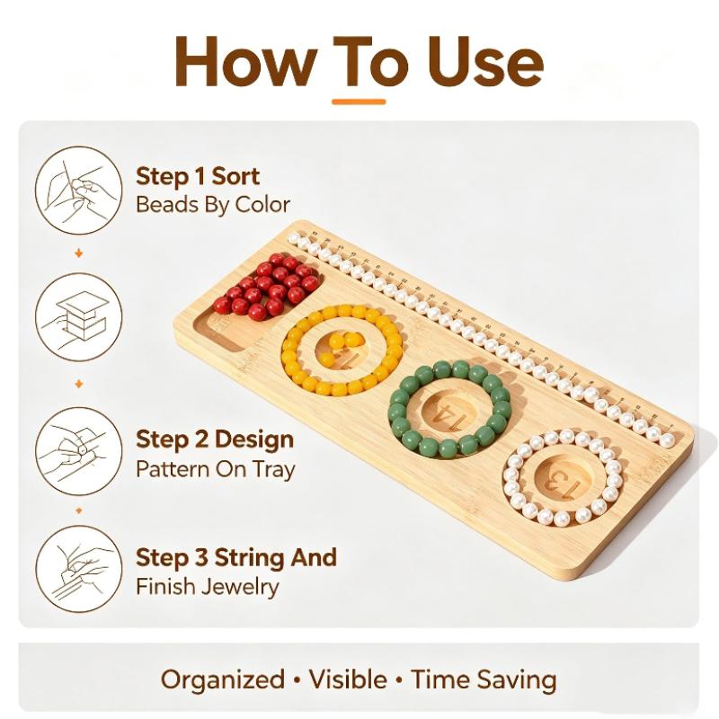 Wooden Bead Design Board Waterproof Surface Jewelry Bracelet Size Measuring Tray for Home Travel DIY Use