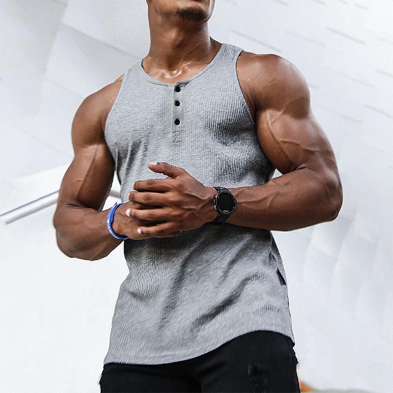 Men's Summer Sleeveless Solid Color Camisole Sports Casual Elastic Vertical Round Neck Top