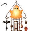 Night Glowing Yard Art Halloween Luminous Ghost Wind Chime, Glow-in-The-Dark Hanging Ornament with Pumpkin Bat Outdoor Garden Decoration Spider