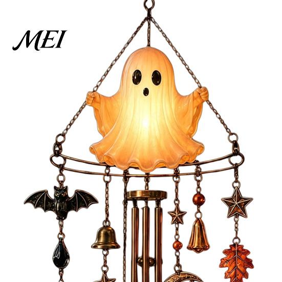 Night Glowing Yard Art Halloween Luminous Ghost Wind Chime, Glow-in-The-Dark Hanging Ornament with Pumpkin Bat Outdoor Garden Decoration Spider