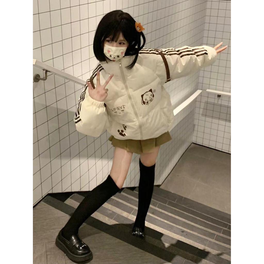 Sweet and cute bear print sports striped cotton jacket women's winter new stand-up collar warm versatile bread jacket
