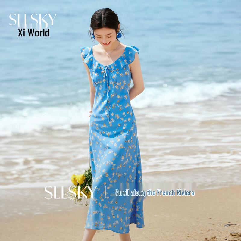 Sllsky French Blue Floral Sleeveless Dress L