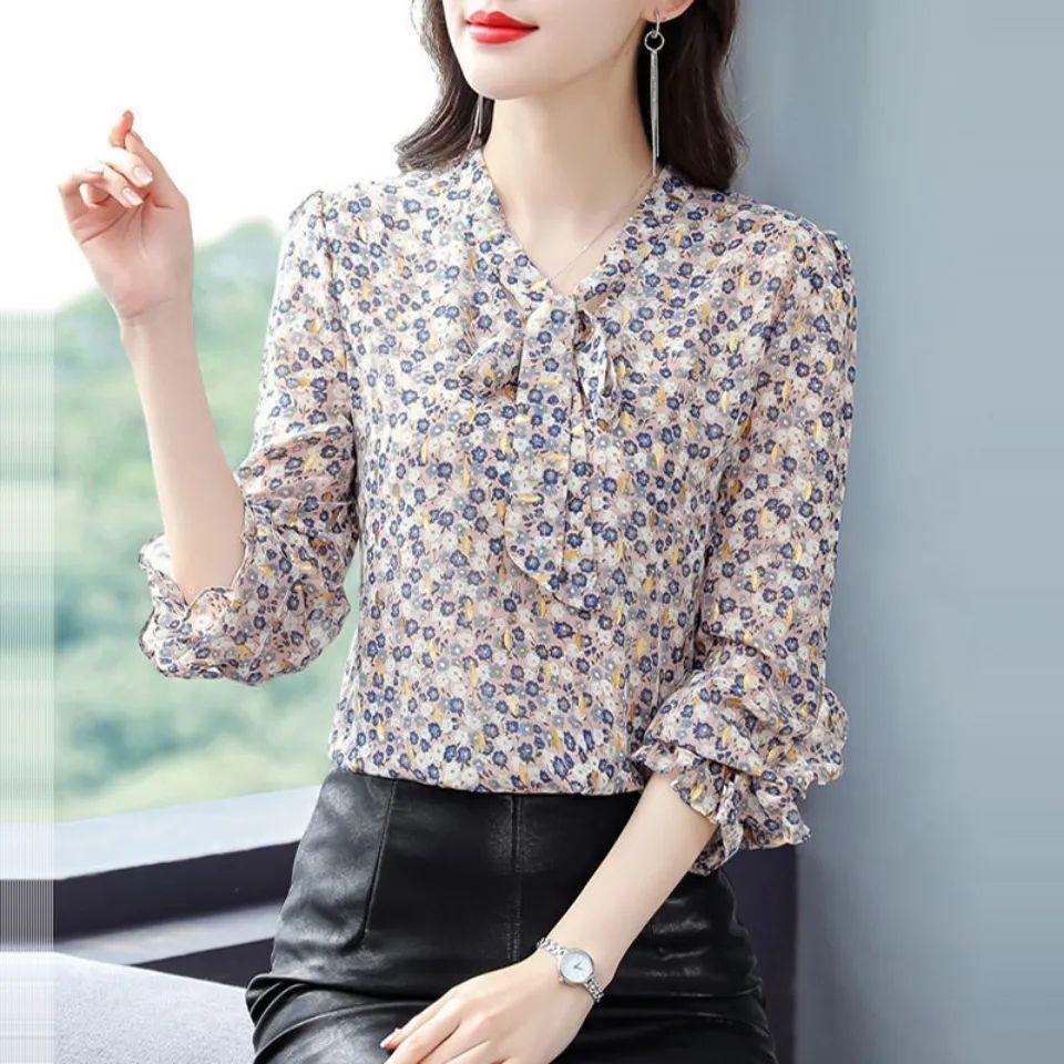 M-4XL Floral Chiffon Shirt for Women Spring Summer New Mom's Clothing Fashion Long Sleeve Bottoming Blouse