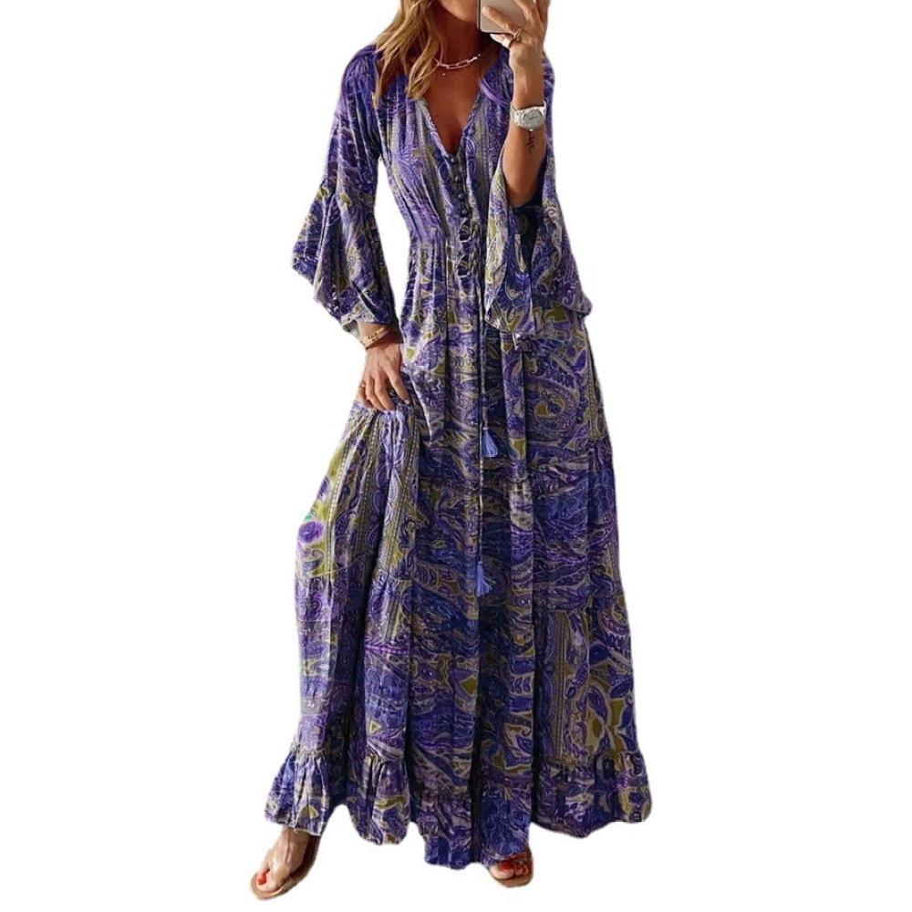 Women's Bohemian Style Print Bell Sleeve V Neck High Waist Vacation Long Dress