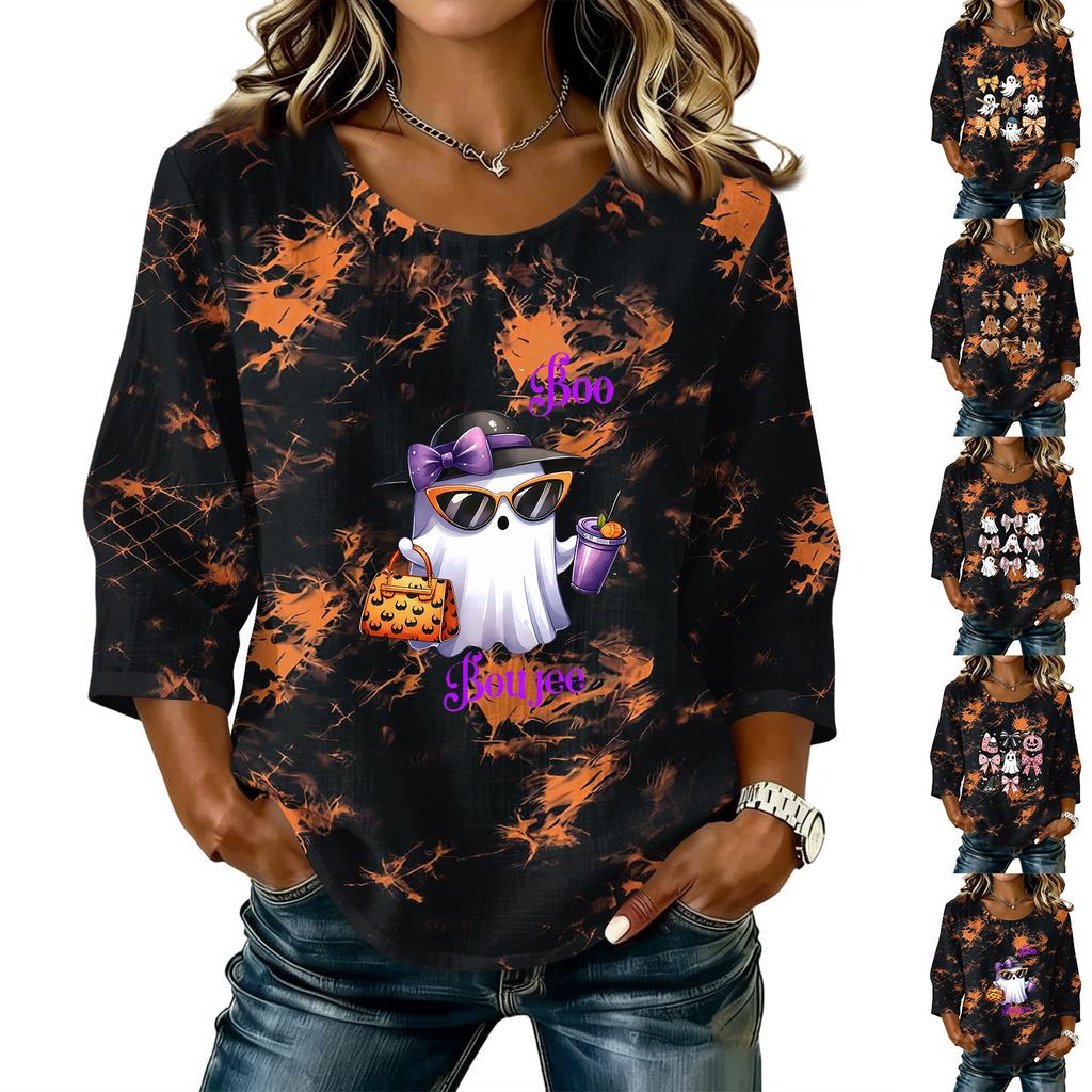 Women's Casual Halloween Print Three-Quarter Sleeve Round Neck Cotton Linen Blouse