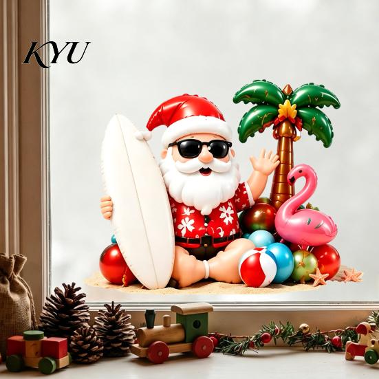 Creative Party Window Decor Tropical Christmas Static Stickers, Santa Claus Flamingo Palm Tree Surfing Board Customizable Cut to Size Decals
