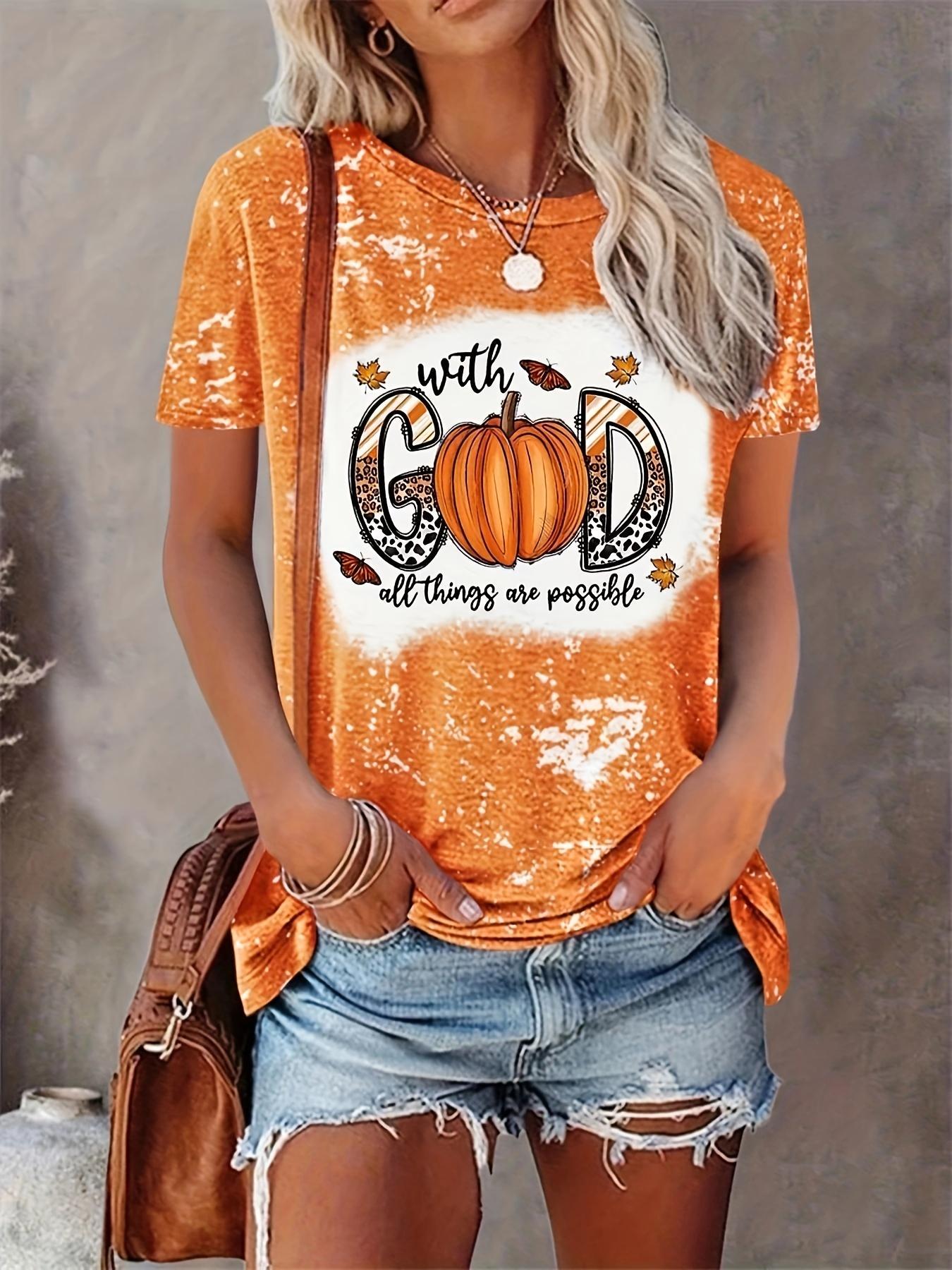 Футболки с принтом тыквы и кота Женская футболка Оранжевый женский топ Модный круглый — фото 11