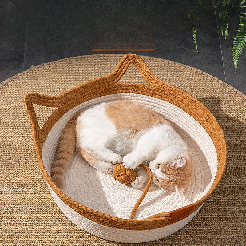 Summer Cool Pet Bed Rattan Cat Nest House Fashion Sleeping Basket Hand-woven Dog Breathable Bed Natural Plant Mat