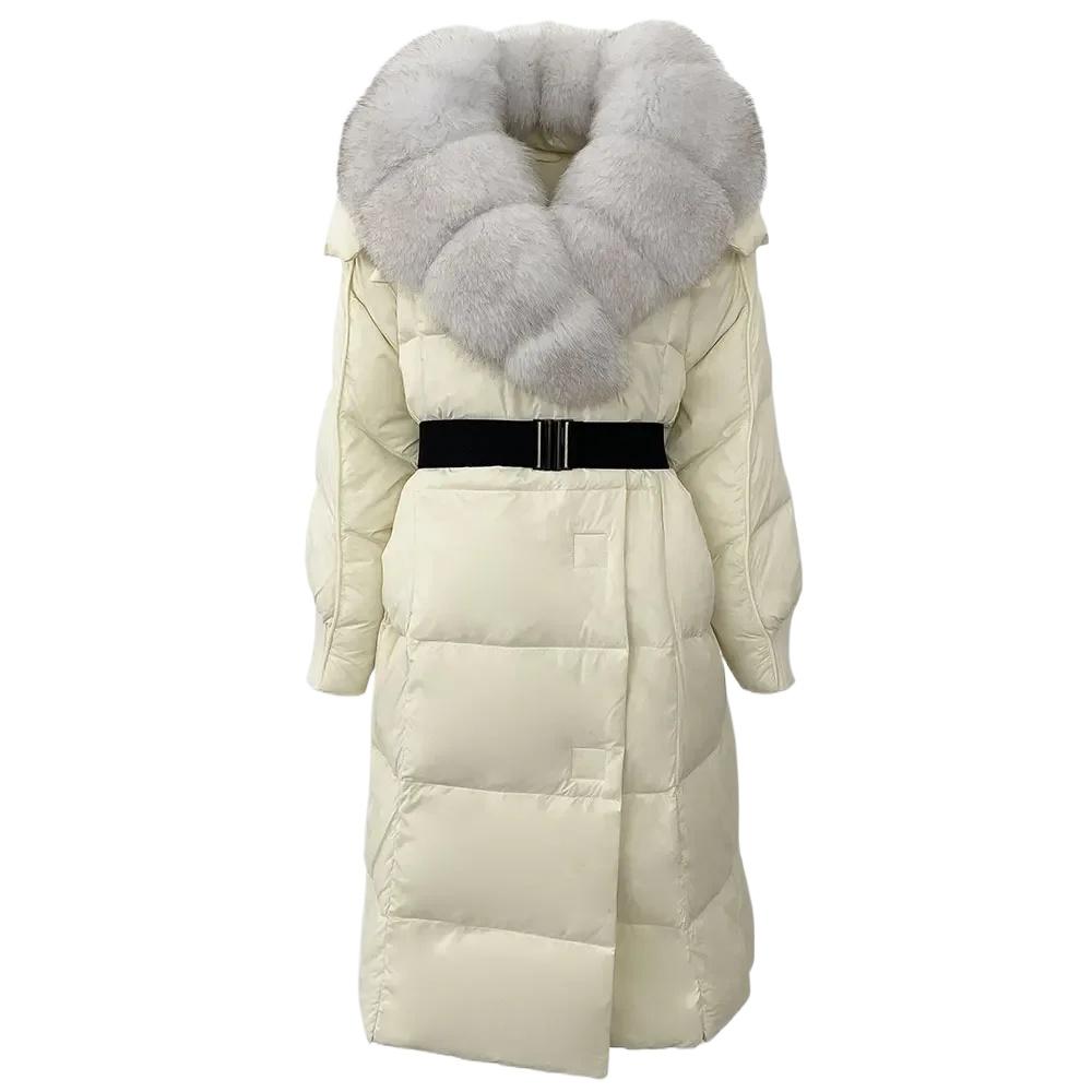 OFTBUY Winter Jacket Women Long Natural Real Raccoon Fox Fur Collar White Duck Down Coat Belt Thick Warm Casual Outerwear