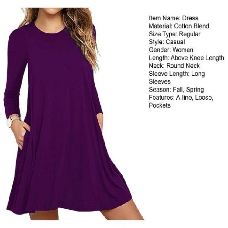 Pure Color Fall Spring Long Sleeve Mini Dress Round Neck A-line Loose Big Hem Pockets