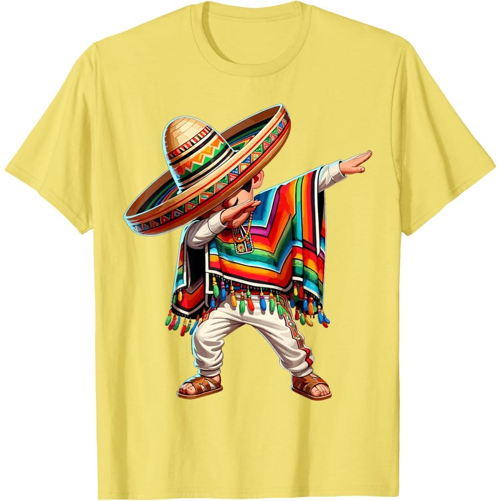 Mexican Boy Dabbing Poncho Sombrero Graphic Tee Cinco de Mayo Casual Cotton T-Shirt