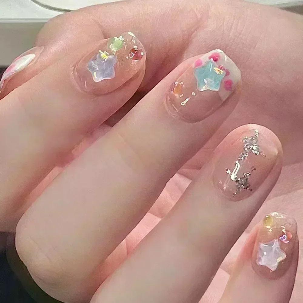 24 Stück Niedliche Girly Kurze Quadratische Falsche Nägel Süße Weiße Französische Nägel Glitzer Stern Strasssteine Nagelkunst Katzenauge Schleife Press-On Nägel