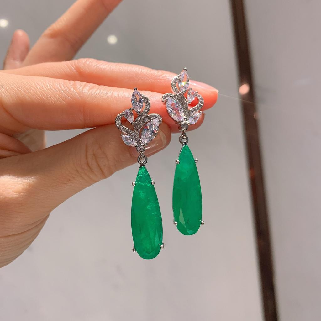 S925 Silver Needle Studded Droplet Shaped Paraiba Earrings With Versatile Personality Emerald Exaggerated